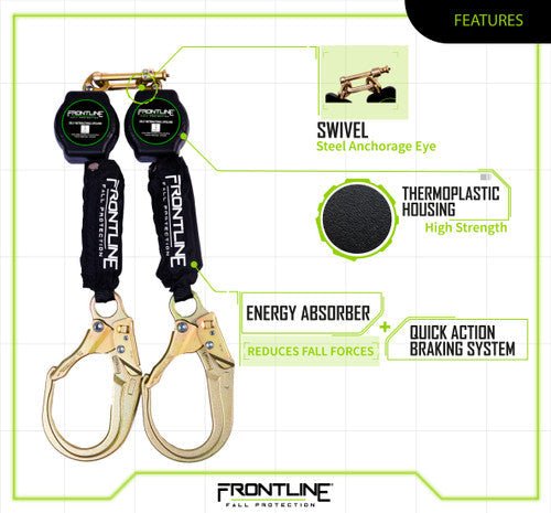 Frontline RPA062R Aramid Fiber Web Twin Leg 6' SRL with Steel Rebar Hook Ends - Lined Out Frontline RPA062R Aramid Fiber Web Twin Leg 6' SRL with Steel Rebar Hook EndsWork Safety Harnesses