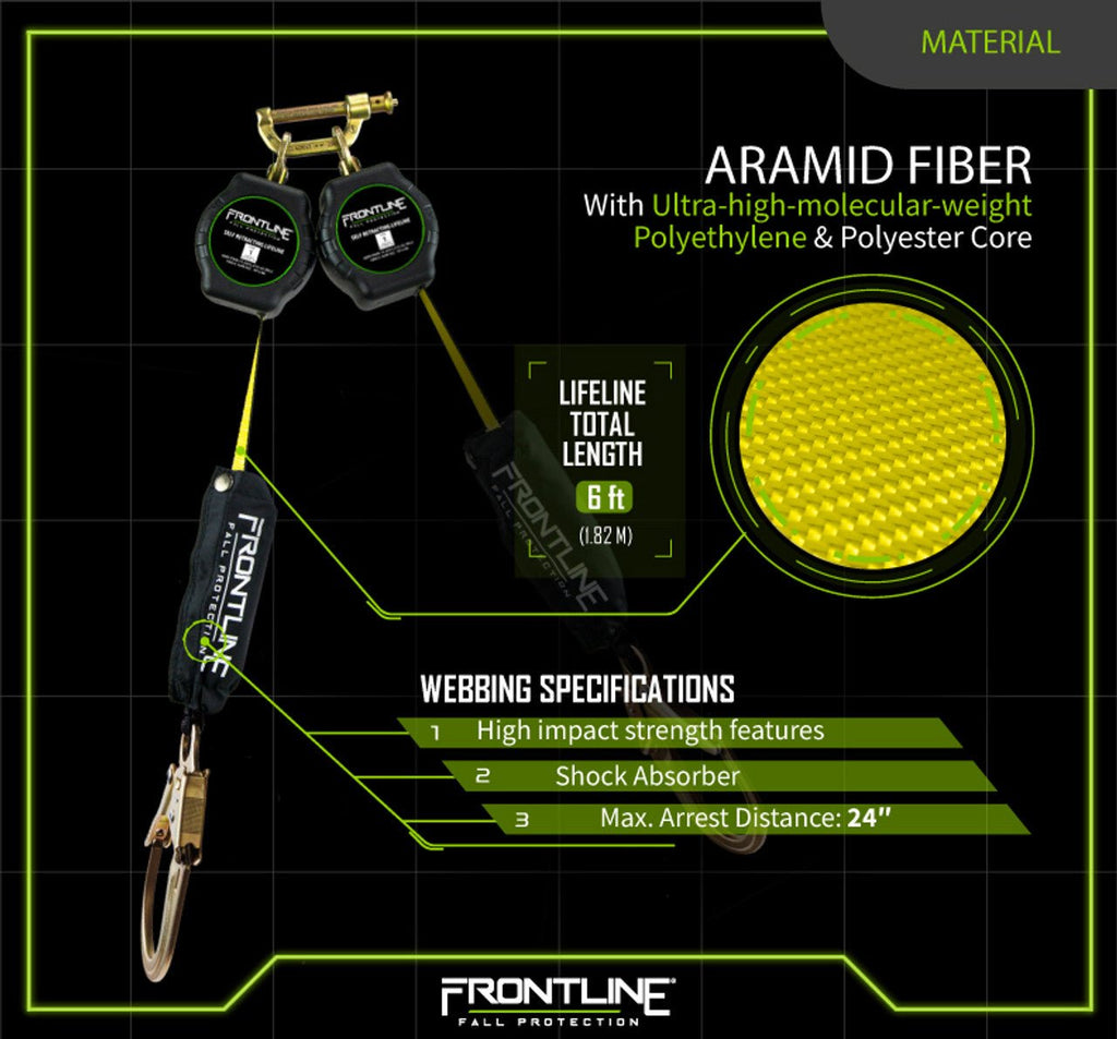 Frontline RPA062R Aramid Fiber Web Twin Leg 6' SRL with Steel Rebar Hook Ends - Lined Out Frontline RPA062R Aramid Fiber Web Twin Leg 6' SRL with Steel Rebar Hook EndsWork Safety Harnesses
