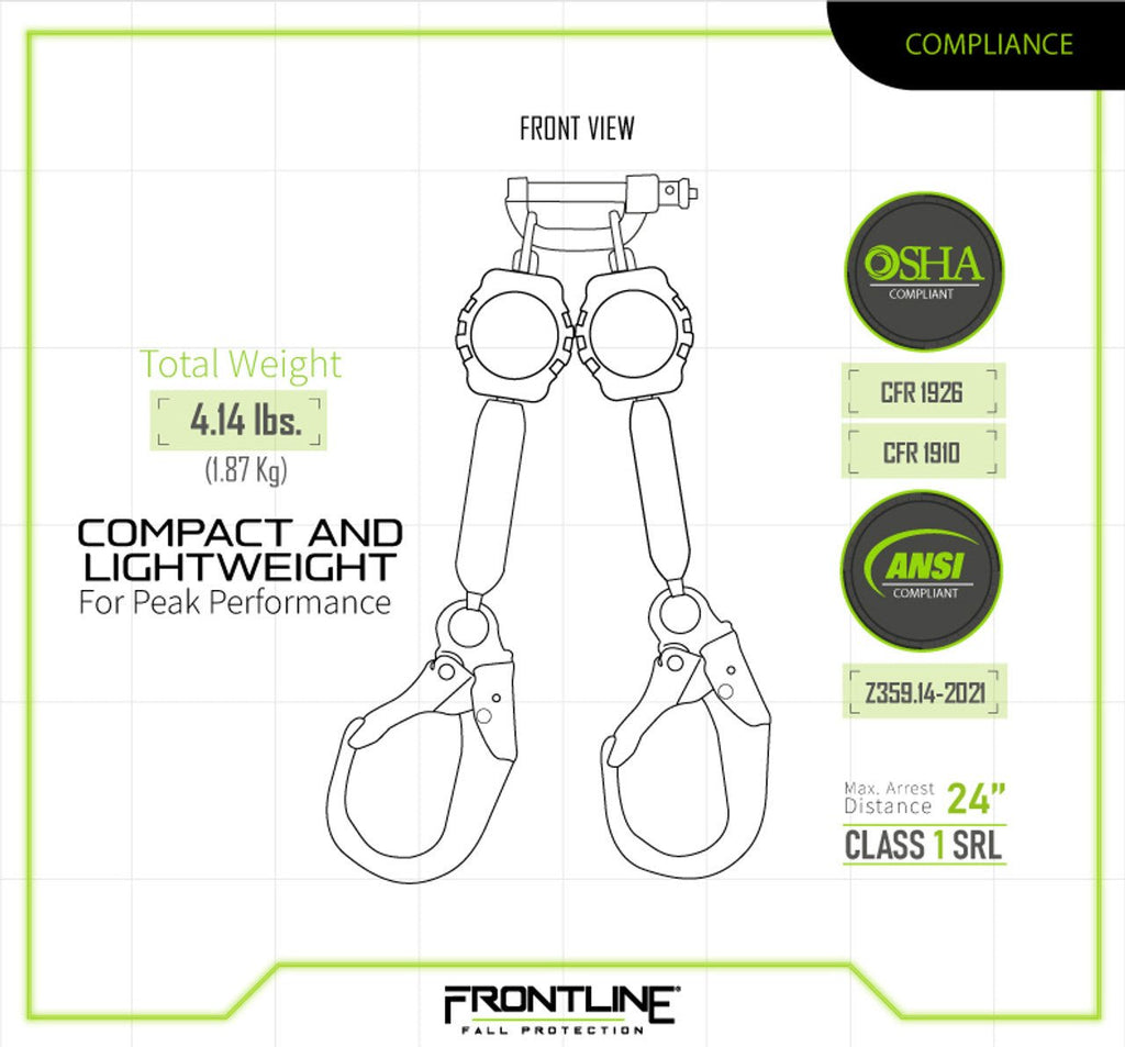 Frontline RPA062R Aramid Fiber Web Twin Leg 6' SRL with Steel Rebar Hook Ends - Lined Out Frontline RPA062R Aramid Fiber Web Twin Leg 6' SRL with Steel Rebar Hook EndsWork Safety Harnesses