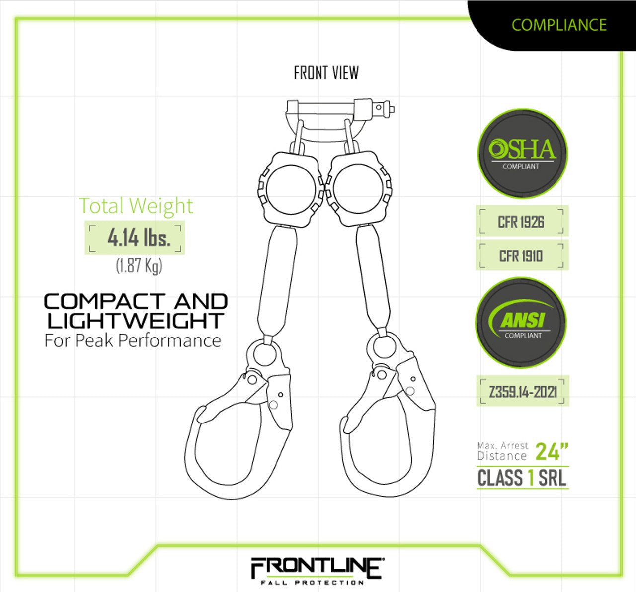 Frontline RPA062R Aramid Fiber Web Twin Leg 6' SRL with Steel Rebar Hook Ends - Lined Out Frontline RPA062R Aramid Fiber Web Twin Leg 6' SRL with Steel Rebar Hook EndsWork Safety Harnesses