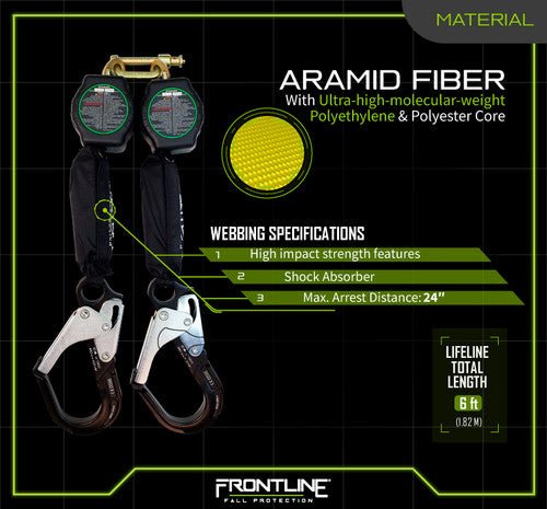 Frontline RPA062RA Aramid Twin Fiber Web 6' SRL with Aluminum Rebar Hook Ends - Lined Out Frontline RPA062RA Aramid Twin Fiber Web 6' SRL with Aluminum Rebar Hook EndsWork Safety Harnesses