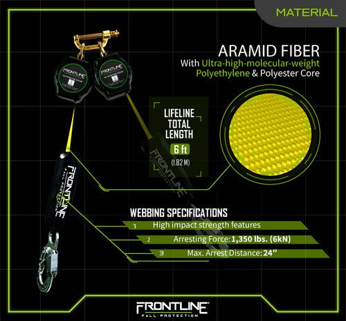 Frontline RPA062S Aramid Twin Fiber Web Single Leg 6' SRL with Steel Snap Hook Ends - Lined Out Frontline RPA062S Aramid Twin Fiber Web Single Leg 6' SRL with Steel Snap Hook EndsWork Safety Harnesses