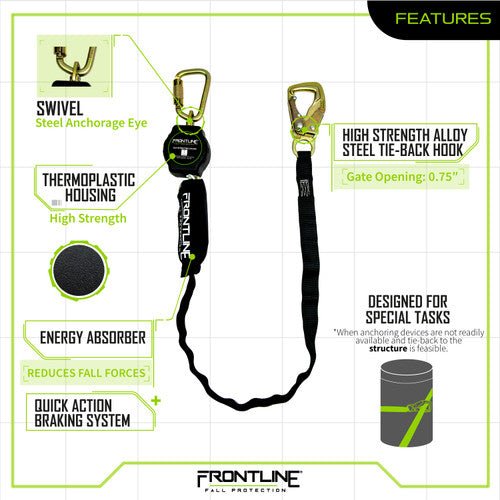 Frontline RPA091TB Tie Back Single Leg Web 9' SRL with Tie Back Hook End - Lined Out Frontline RPA091TB Tie Back Single Leg Web 9' SRL with Tie Back Hook EndWork Safety Harnesses