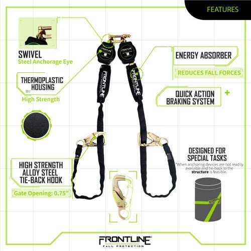 Frontline RPA092TB Tie Back Twin Leg Web 9' SRL with Tie Back Hook Ends - Lined Out Frontline RPA092TB Tie Back Twin Leg Web 9' SRL with Tie Back Hook EndsWork Safety Harnesses