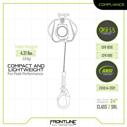 Frontline RPG081RLE Leading Edge Cable Single Leg 8' SRL with Steel Rebar Hook End - Lined Out Frontline RPG081RLE Leading Edge Cable Single Leg 8' SRL with Steel Rebar Hook EndWork Safety Harnesses