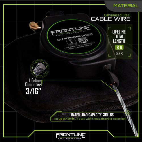 Frontline RPG081RLE Leading Edge Cable Single Leg 8' SRL with Steel Rebar Hook End - Lined Out Frontline RPG081RLE Leading Edge Cable Single Leg 8' SRL with Steel Rebar Hook EndWork Safety Harnesses