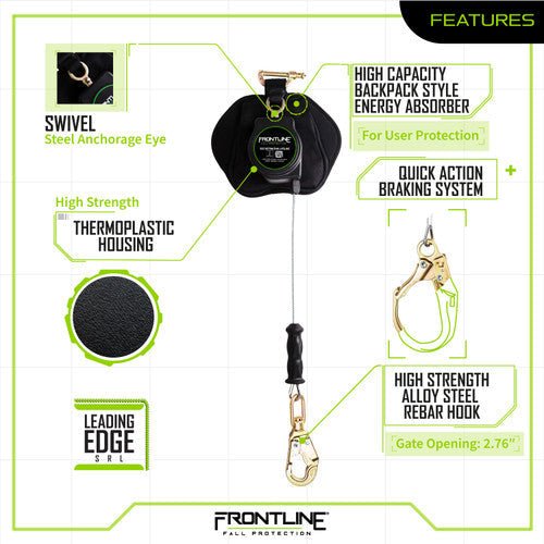 Frontline RPG081RLE Leading Edge Cable Single Leg 8' SRL with Steel Rebar Hook End - Lined Out Frontline RPG081RLE Leading Edge Cable Single Leg 8' SRL with Steel Rebar Hook EndWork Safety Harnesses