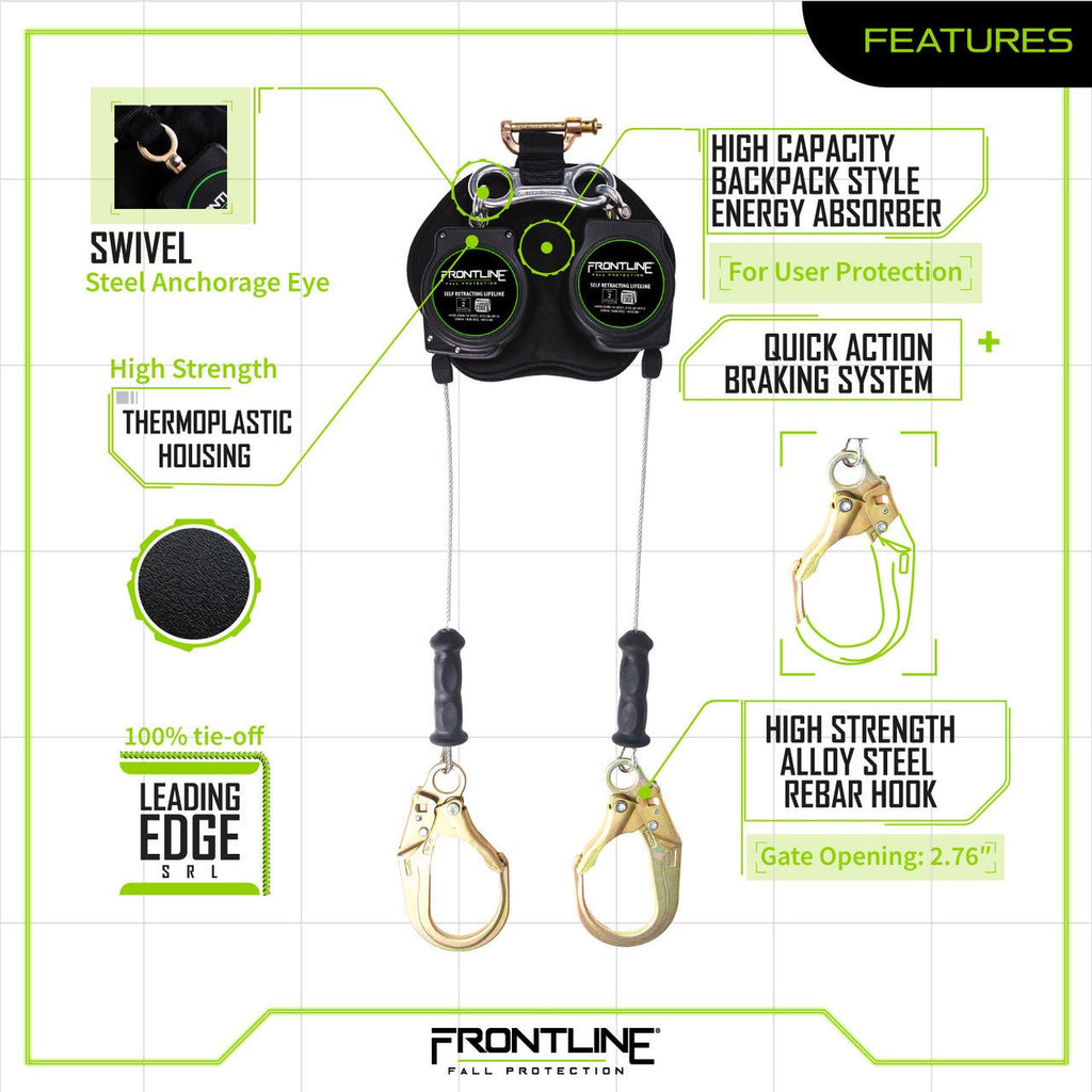 Frontline RPG082RLE Leading Edge Cable Twin Leg 8' SRL with Steel Rebar Hook Ends - Lined Out Frontline RPG082RLE Leading Edge Cable Twin Leg 8' SRL with Steel Rebar Hook EndsWork Safety Harnesses
