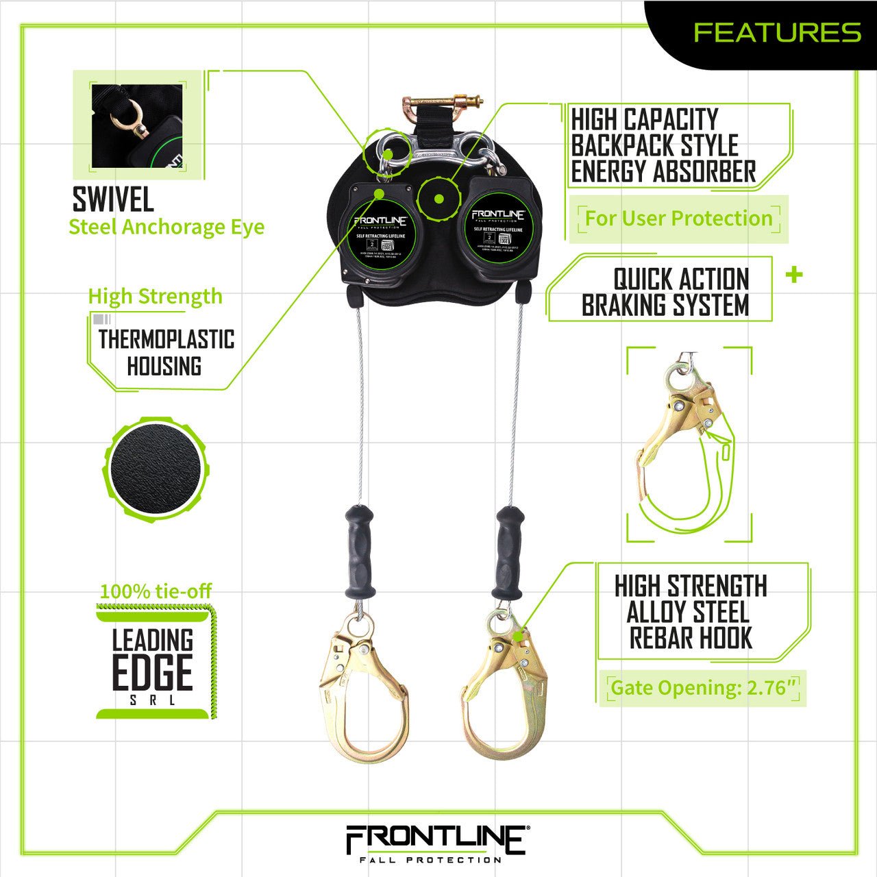 Frontline RPG082RLE Leading Edge Cable Twin Leg 8' SRL with Steel Rebar Hook Ends - Lined Out Frontline RPG082RLE Leading Edge Cable Twin Leg 8' SRL with Steel Rebar Hook EndsWork Safety Harnesses