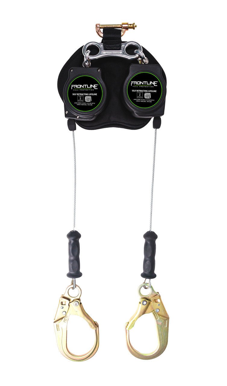 Frontline RPG082RLE Leading Edge Cable Twin Leg 8' SRL with Steel Rebar Hook Ends - Lined Out Frontline RPG082RLE Leading Edge Cable Twin Leg 8' SRL with Steel Rebar Hook EndsWork Safety Harnesses