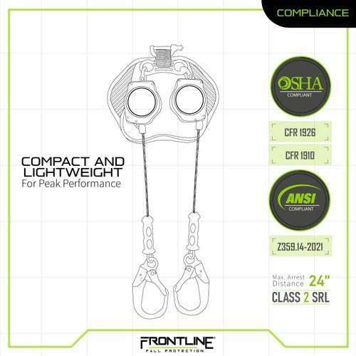 Frontline RPG082RLE Leading Edge Cable Twin Leg 8' SRL with Steel Rebar Hook Ends - Lined Out Frontline RPG082RLE Leading Edge Cable Twin Leg 8' SRL with Steel Rebar Hook EndsWork Safety Harnesses