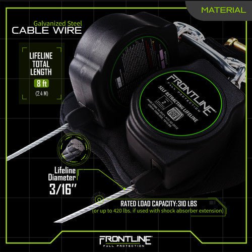 Frontline RPG082RLE Leading Edge Cable Twin Leg 8' SRL with Steel Rebar Hook Ends - Lined Out Frontline RPG082RLE Leading Edge Cable Twin Leg 8' SRL with Steel Rebar Hook EndsWork Safety Harnesses