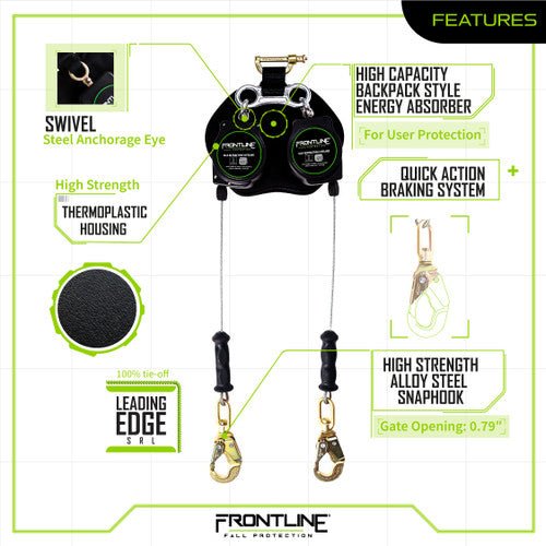 Frontline RPG082SLE Leading Edge Cable Twin Leg 8' SRL with Steel Snap Hook Ends - Lined Out Frontline RPG082SLE Leading Edge Cable Twin Leg 8' SRL with Steel Snap Hook EndsWork Safety Harnesses