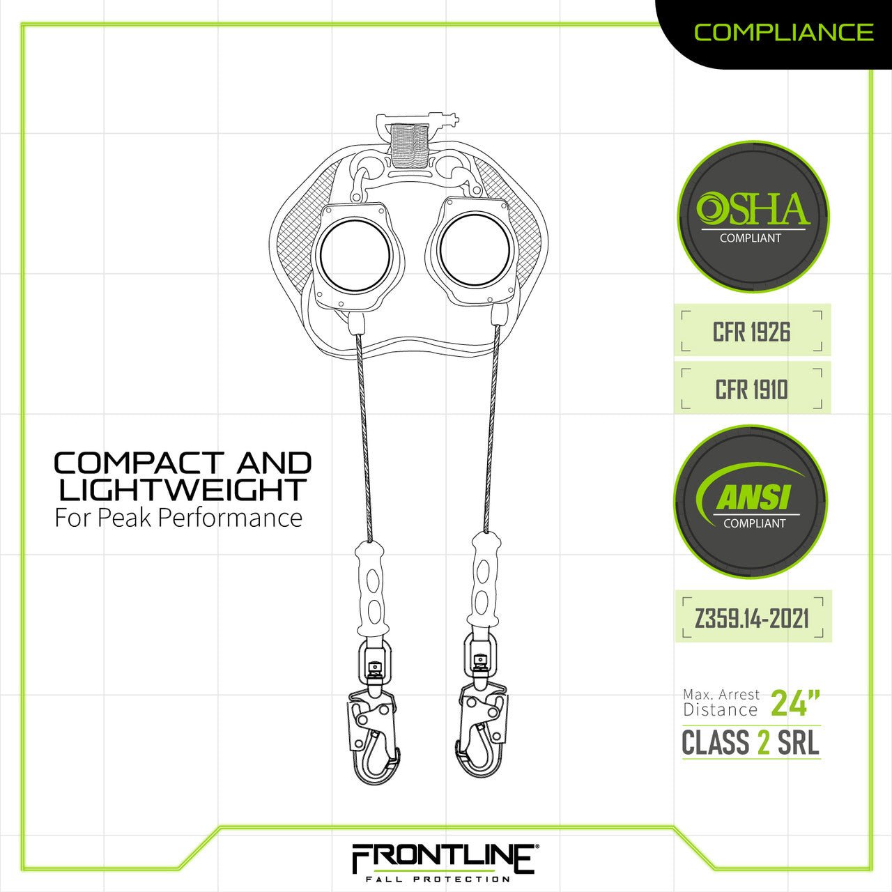 Frontline RPG082SLE Leading Edge Cable Twin Leg 8' SRL with Steel Snap Hook Ends - Lined Out Frontline RPG082SLE Leading Edge Cable Twin Leg 8' SRL with Steel Snap Hook EndsWork Safety Harnesses