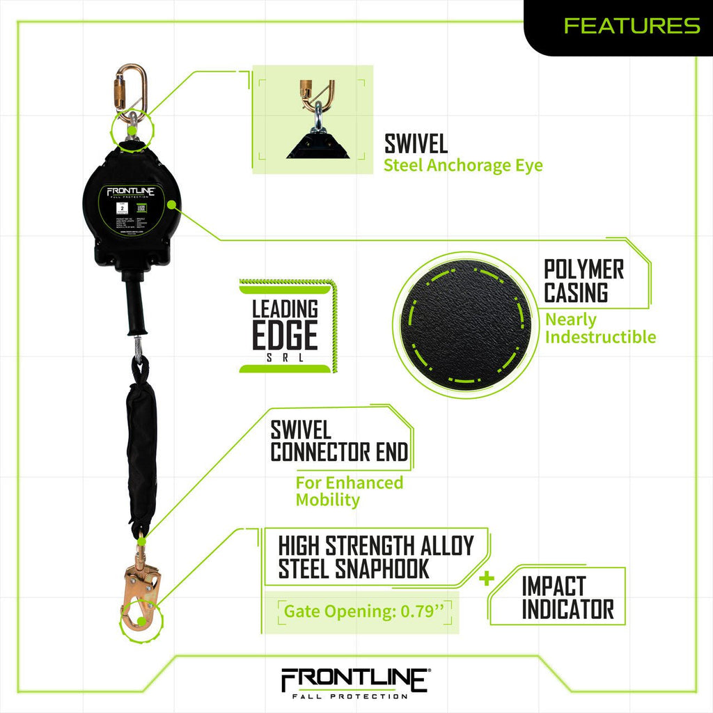 Frontline RPGLE Leading Edge Cable Single Leg SRL with Steel Snap Hook End - Lined Out Frontline RPGLE Leading Edge Cable Single Leg SRL with Steel Snap Hook EndWork Safety Harnesses
