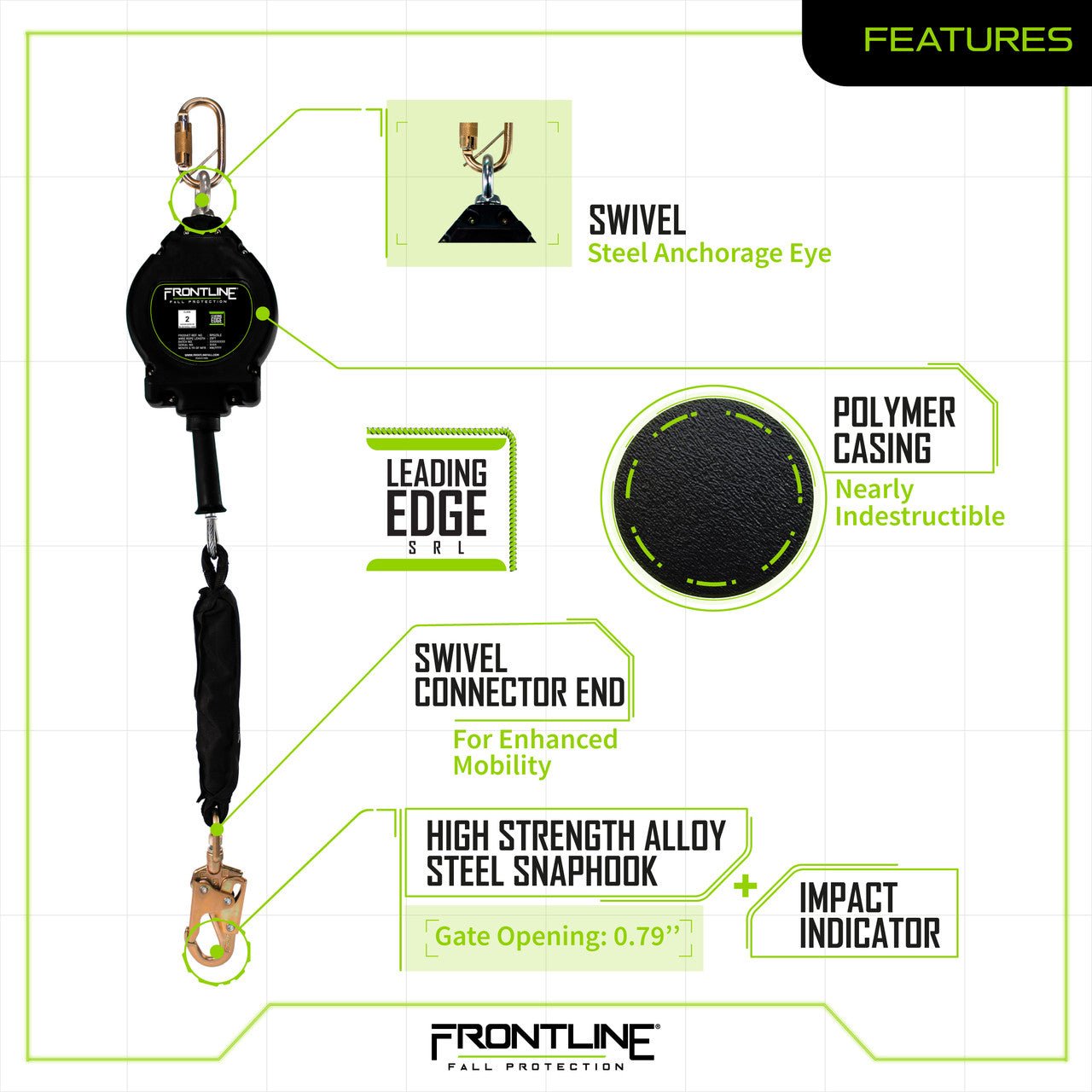 Frontline RPGLE Leading Edge Cable Single Leg SRL with Steel Snap Hook End - Lined Out Frontline RPGLE Leading Edge Cable Single Leg SRL with Steel Snap Hook EndWork Safety Harnesses