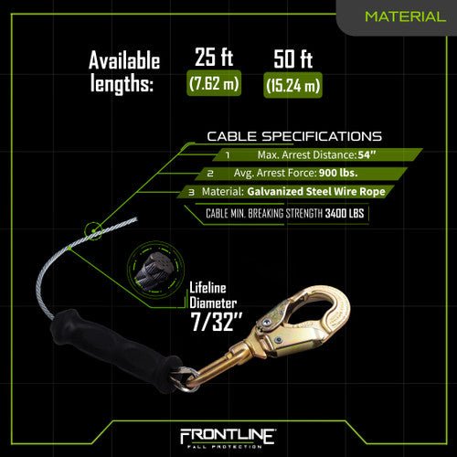 Frontline RPGLE Leading Edge Cable Single Leg SRL with Steel Snap Hook End - Lined Out Frontline RPGLE Leading Edge Cable Single Leg SRL with Steel Snap Hook EndWork Safety Harnesses