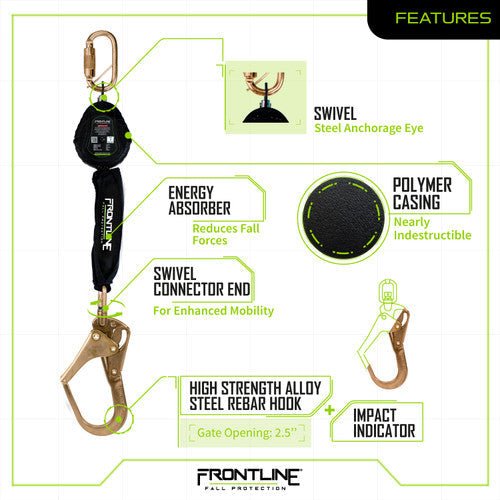 Frontline RPW061R Web Single Leg 6' SRL with Steel Rebar Hook End - Lined Out Frontline RPW061R Web Single Leg 6' SRL with Steel Rebar Hook EndWork Safety Harnesses