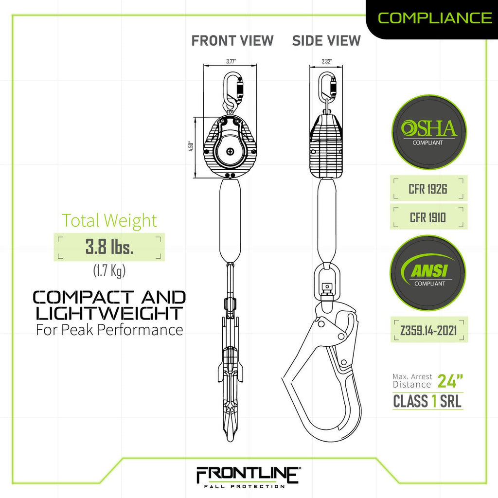 Frontline RPW061R Web Single Leg 6' SRL with Steel Rebar Hook End - Lined Out Frontline RPW061R Web Single Leg 6' SRL with Steel Rebar Hook EndWork Safety Harnesses