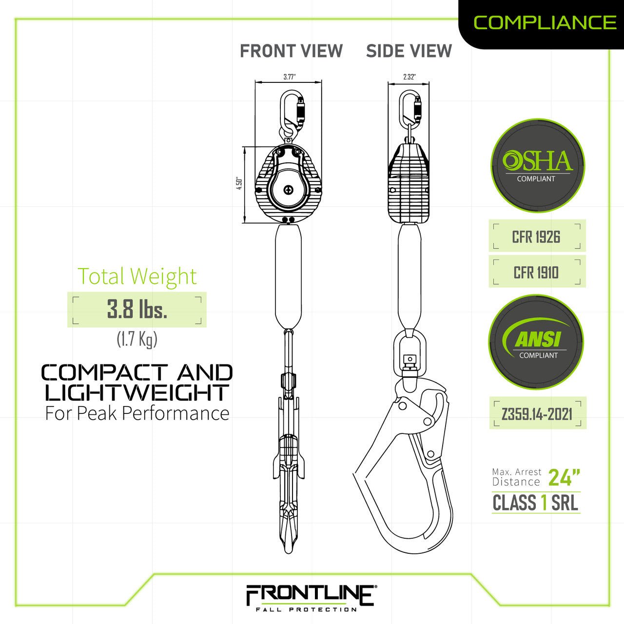 Frontline RPW061R Web Single Leg 6' SRL with Steel Rebar Hook End - Lined Out Frontline RPW061R Web Single Leg 6' SRL with Steel Rebar Hook EndWork Safety Harnesses