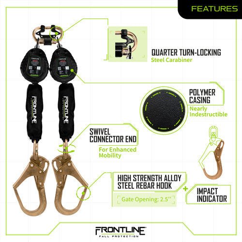 Frontline RPW062R Web Twin Leg 6' SRL with Steel Rebar Hook Ends - Lined Out Frontline RPW062R Web Twin Leg 6' SRL with Steel Rebar Hook EndsWork Safety Harnesses