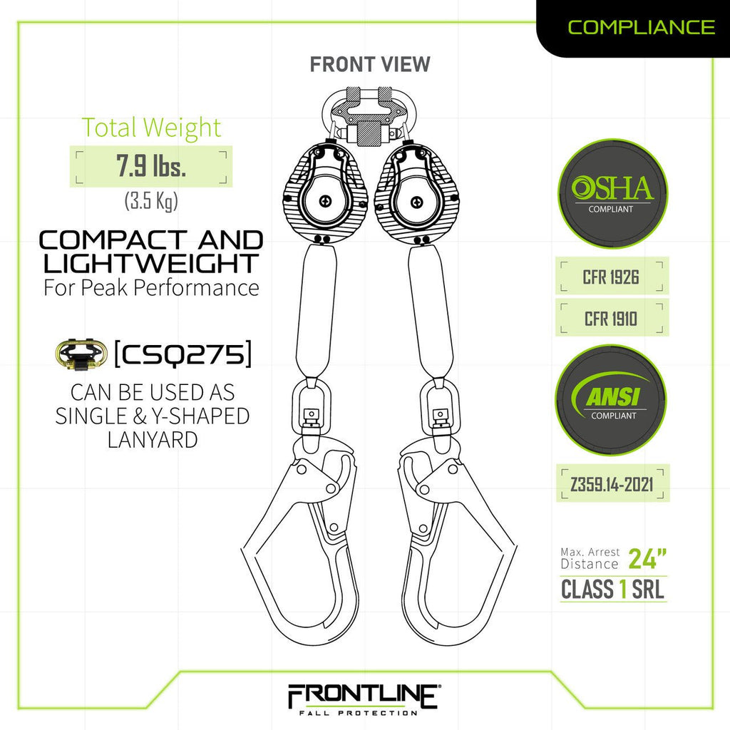 Frontline RPW062R Web Twin Leg 6' SRL with Steel Rebar Hook Ends - Lined Out Frontline RPW062R Web Twin Leg 6' SRL with Steel Rebar Hook EndsWork Safety Harnesses
