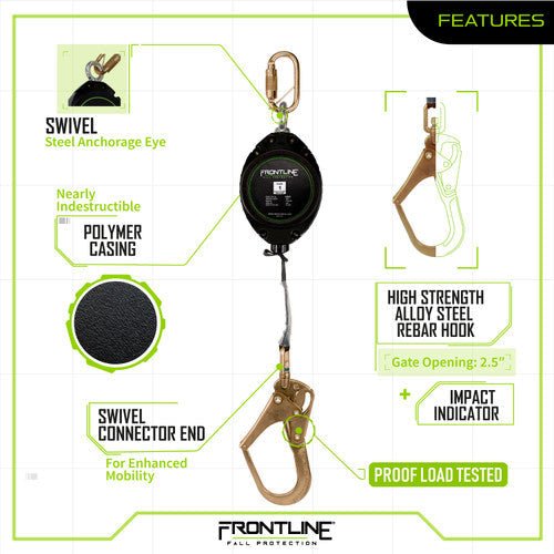 Frontline RPW20R Web Single Leg 20' SRL with Steel Rebar Hook End - Lined Out Frontline RPW20R Web Single Leg 20' SRL with Steel Rebar Hook EndWork Safety Harnesses