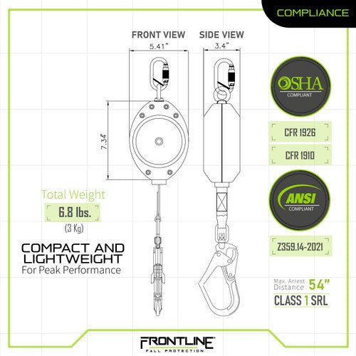 Frontline RPW20R Web Single Leg 20' SRL with Steel Rebar Hook End - Lined Out Frontline RPW20R Web Single Leg 20' SRL with Steel Rebar Hook EndWork Safety Harnesses