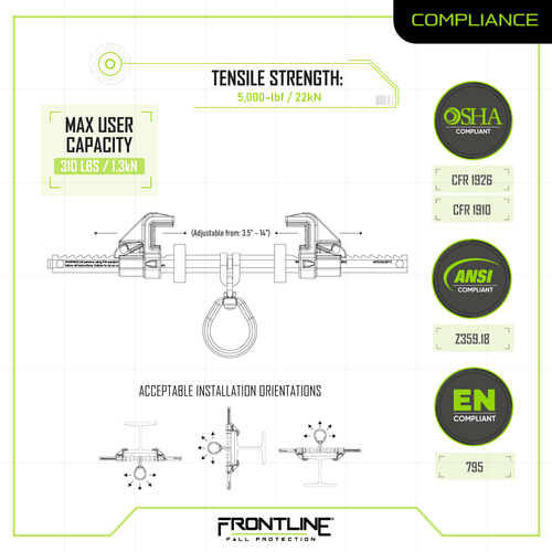 Frontline ST14AH Aluminum Bantam Beamer Anchor for 3.5?? - 14?? Wide I - Beams - Lined Out Frontline ST14AH Aluminum Bantam Beamer Anchor for 3.5?? - 14?? Wide I - BeamsWork Safety Harnesses