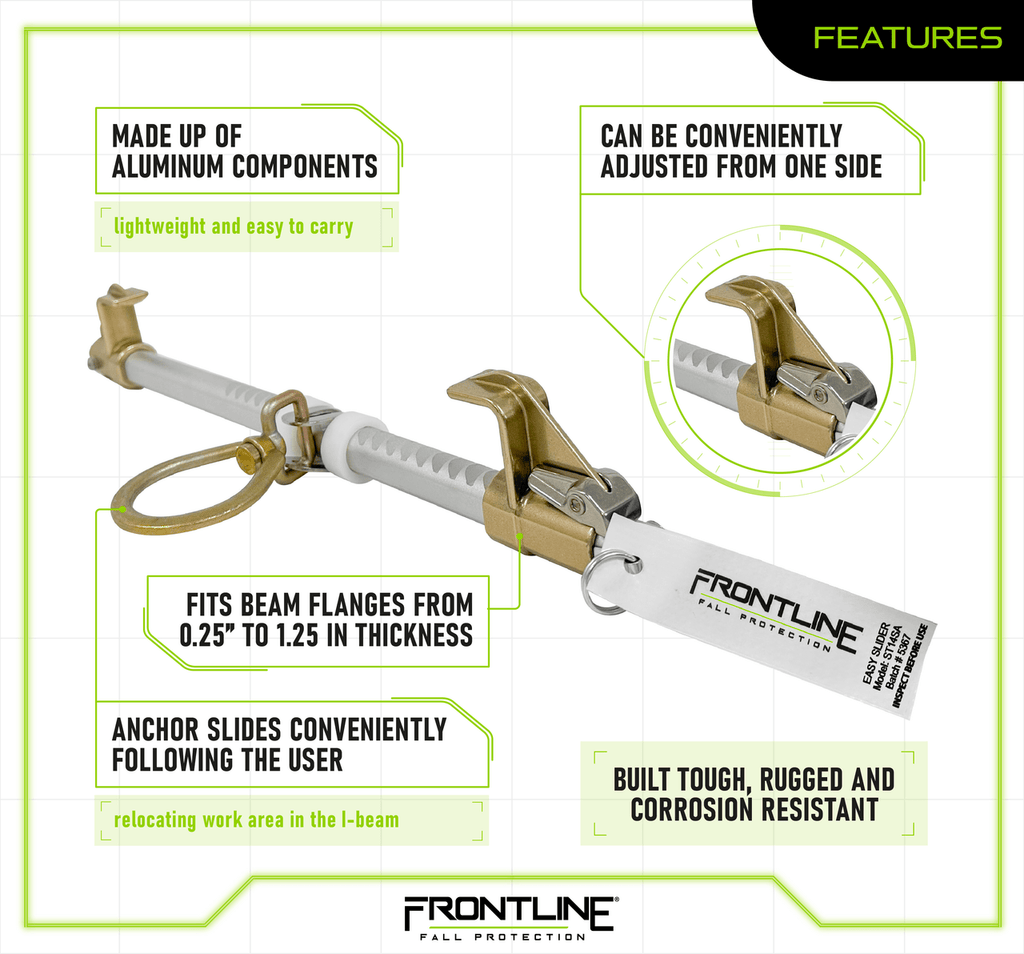 Frontline ST14SA Easy Slider Beam Walker Anchor for 3.5?? - 14?? Wide I - Beams - Lined Out Frontline ST14SA Easy Slider Beam Walker Anchor for 3.5?? - 14?? Wide I - BeamsWork Safety Harnesses