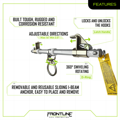 Frontline ST14SH Easy Slider Beam Walker Anchor for 3.5?? - 14?? Wide I - Beams - Lined Out Frontline ST14SH Easy Slider Beam Walker Anchor for 3.5?? - 14?? Wide I - BeamsWork Safety Harnesses