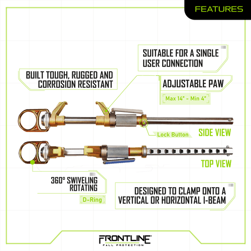 Frontline ST14V Vertical / Horizontal Fixed Beam Clamp for 4" - 14" Wide I - Beams - Lined Out Frontline ST14V Vertical / Horizontal Fixed Beam Clamp for 4" - 14" Wide I - BeamsWork Safety Harnesses