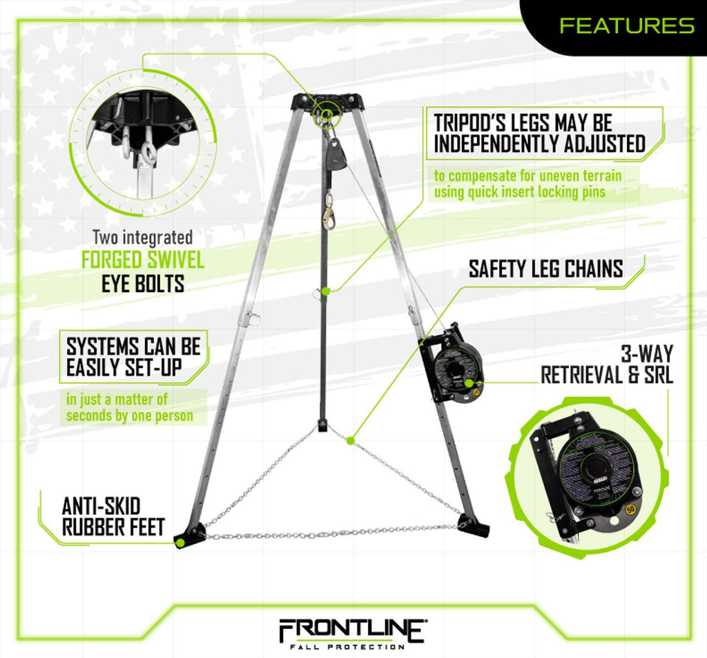 Frontline TAN07RA - US Patriot 7' Confined Space Tripod with 3 - Way Retrieval System - Made in USA - Lined Out Frontline TAN07RA - US Patriot 7' Confined Space Tripod with 3 - Way Retrieval System - Made in USAWork Safety Harnesses