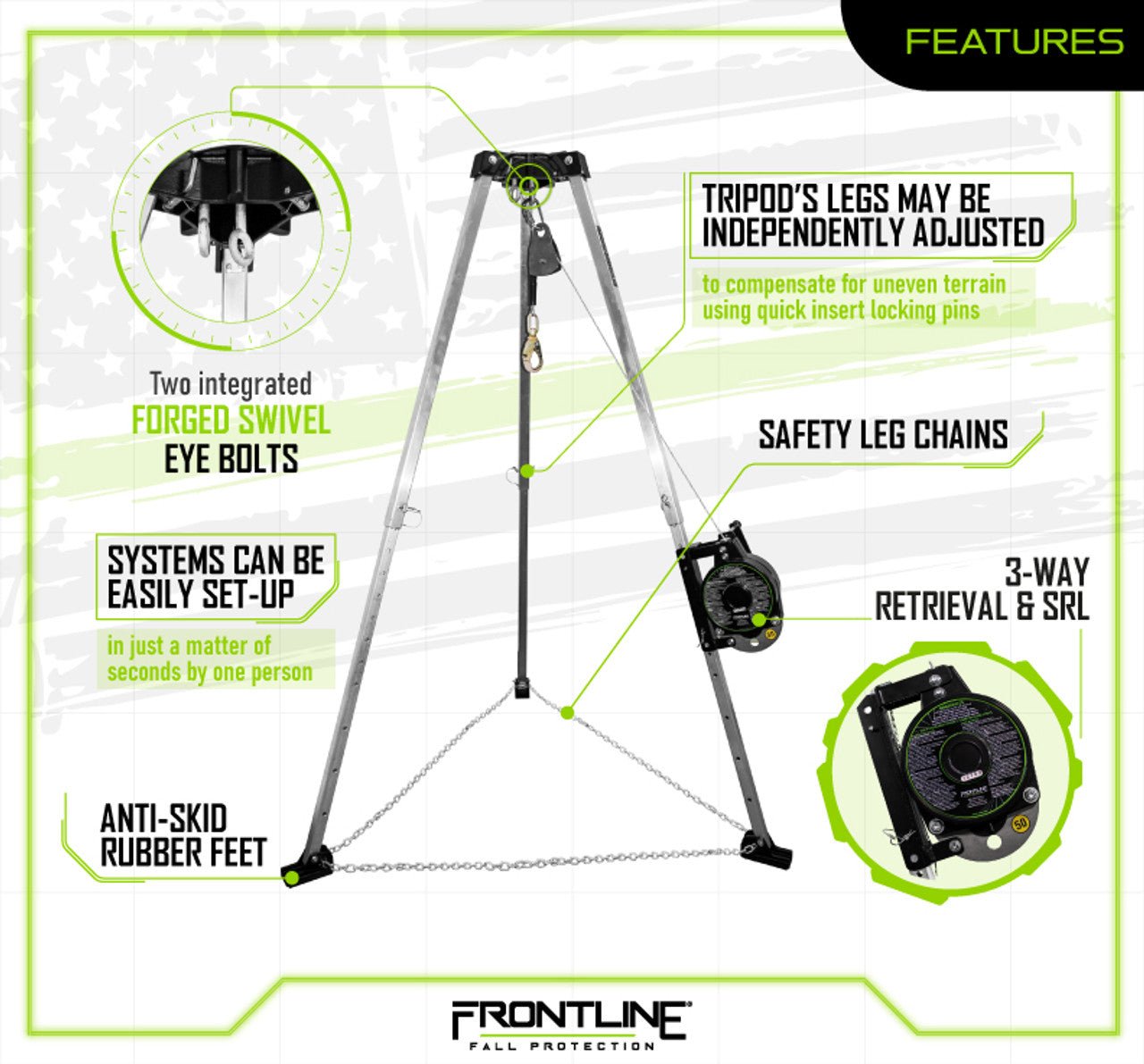 Frontline TAN07RA - US Patriot 7' Confined Space Tripod with 3 - Way Retrieval System - Made in USA - Lined Out Frontline TAN07RA - US Patriot 7' Confined Space Tripod with 3 - Way Retrieval System - Made in USAWork Safety Harnesses