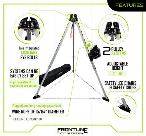 Frontline TAN10RU MEGApod Confined Space Kit 10' Aluminum Tripod with 60' Winch - Lined Out Frontline TAN10RU MEGApod Confined Space Kit 10' Aluminum Tripod with 60' WinchWork Safety Harnesses