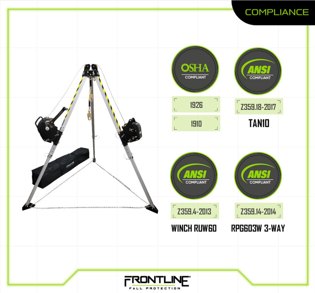Frontline TAN10RURP MEGApod Confined Space 10' Aluminum Tripod with 60' Winch and 3 - Way SRL - Lined Out Frontline TAN10RURP MEGApod Confined Space 10' Aluminum Tripod with 60' Winch and 3 - Way SRLWork Safety Harnesses