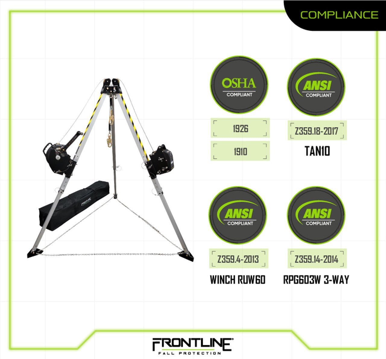 Frontline TAN10RURP MEGApod Confined Space 10' Aluminum Tripod with 60' Winch and 3 - Way SRL - Lined Out Frontline TAN10RURP MEGApod Confined Space 10' Aluminum Tripod with 60' Winch and 3 - Way SRLWork Safety Harnesses