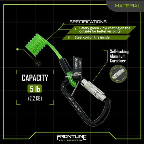 Frontline TLC05 ToolGrip Coil Tool Tether 5 lbs with Double Self - locking Aluminum Carabiner - Lined Out Frontline TLC05 ToolGrip Coil Tool Tether 5 lbs with Double Self - locking Aluminum CarabinerWork Safety Harnesses