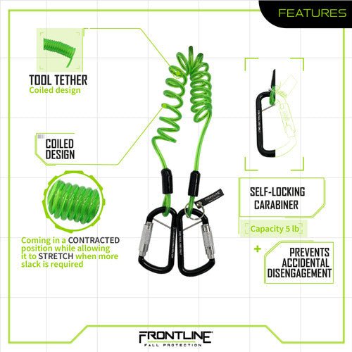 Frontline TLC05 ToolGrip Coil Tool Tether 5 lbs with Double Self - locking Aluminum Carabiner - Lined Out Frontline TLC05 ToolGrip Coil Tool Tether 5 lbs with Double Self - locking Aluminum CarabinerWork Safety Harnesses