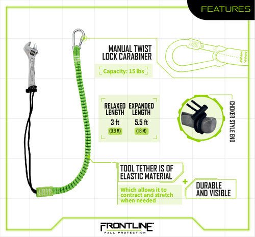 Frontline TLS15 ToolGrip Elastic Tool Tether 15 lbs with Steel Turn Lock Carabiner - Lined Out Frontline TLS15 ToolGrip Elastic Tool Tether 15 lbs with Steel Turn Lock CarabinerWork Safety Harnesses