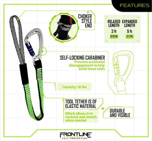Frontline TLS30 ToolGrip Elastic Tool Tether 30 lbs with Self - locking Aluminum Carabiner - Lined Out Frontline TLS30 ToolGrip Elastic Tool Tether 30 lbs with Self - locking Aluminum CarabinerWork Safety Harnesses