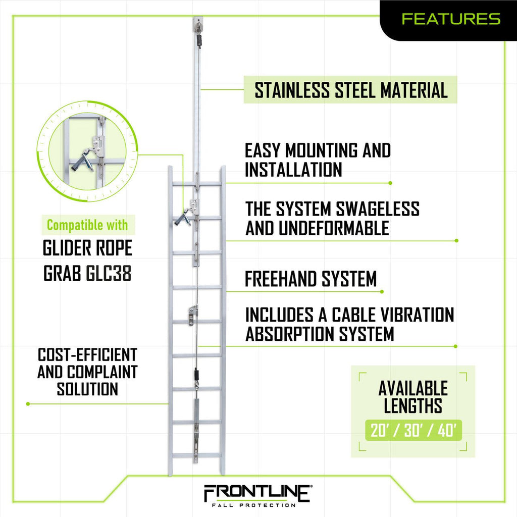 Frontline VLCS Ladder Cable Vertical Lifeline System (Stainless Steel) 20' - Lined Out Frontline VLCS Ladder Cable Vertical Lifeline System (Stainless Steel) 20'Work Safety Harnesses