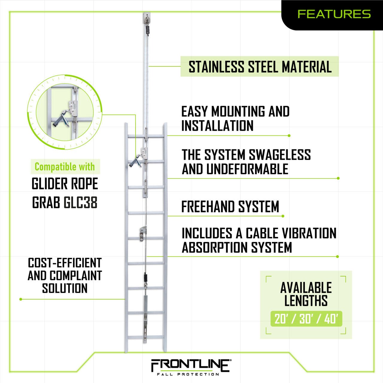 Frontline VLCS Ladder Cable Vertical Lifeline System (Stainless Steel) 40' - Lined Out Frontline VLCS Ladder Cable Vertical Lifeline System (Stainless Steel) 40'Work Safety Harnesses