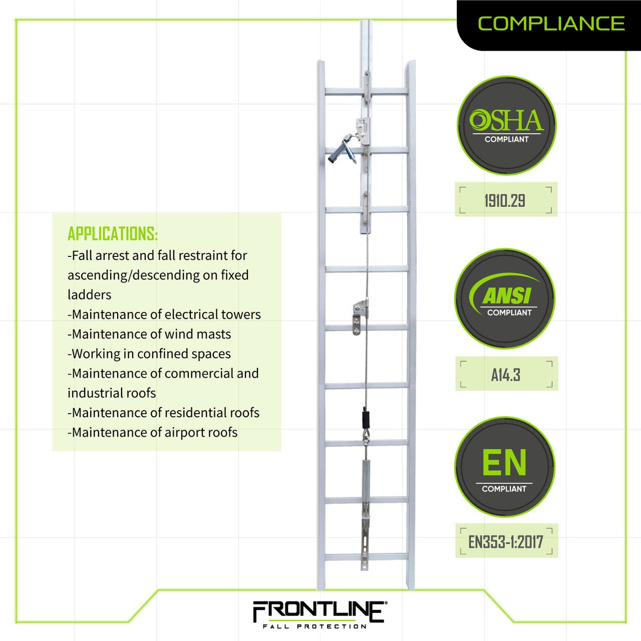 Frontline VLCS Ladder Cable Vertical Lifeline System (Stainless Steel) 40' - Lined Out Frontline VLCS Ladder Cable Vertical Lifeline System (Stainless Steel) 40'Work Safety Harnesses