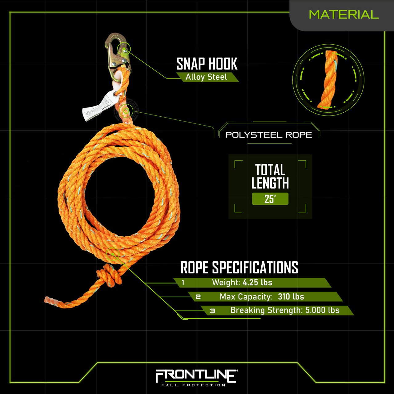 Frontline VLP25 Premium Vertical Lifeline 25' - Lined Out Frontline VLP25 Premium Vertical Lifeline 25'Work Safety Harnesses