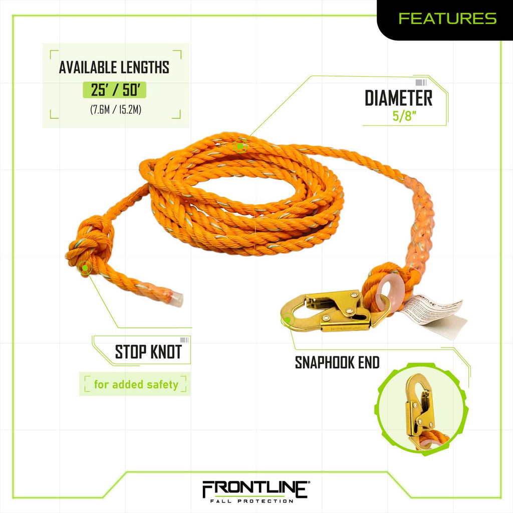 Frontline VLP25 Premium Vertical Lifeline 25' - Lined Out Frontline VLP25 Premium Vertical Lifeline 25'Work Safety Harnesses
