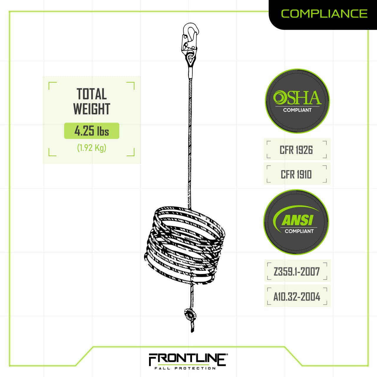 Frontline VLP25 Premium Vertical Lifeline 25' - Lined Out Frontline VLP25 Premium Vertical Lifeline 25'Work Safety Harnesses