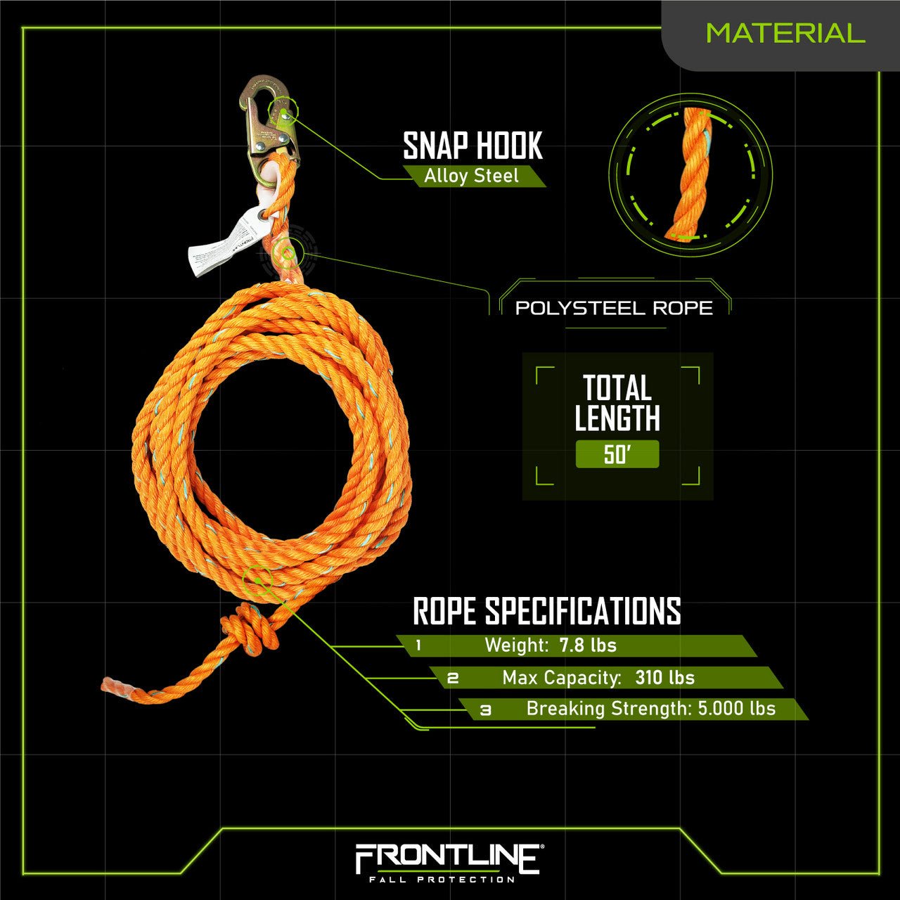 Frontline VLP50 Premium Vertical Lifeline 50' - Lined Out Frontline VLP50 Premium Vertical Lifeline 50'Work Safety Harnesses