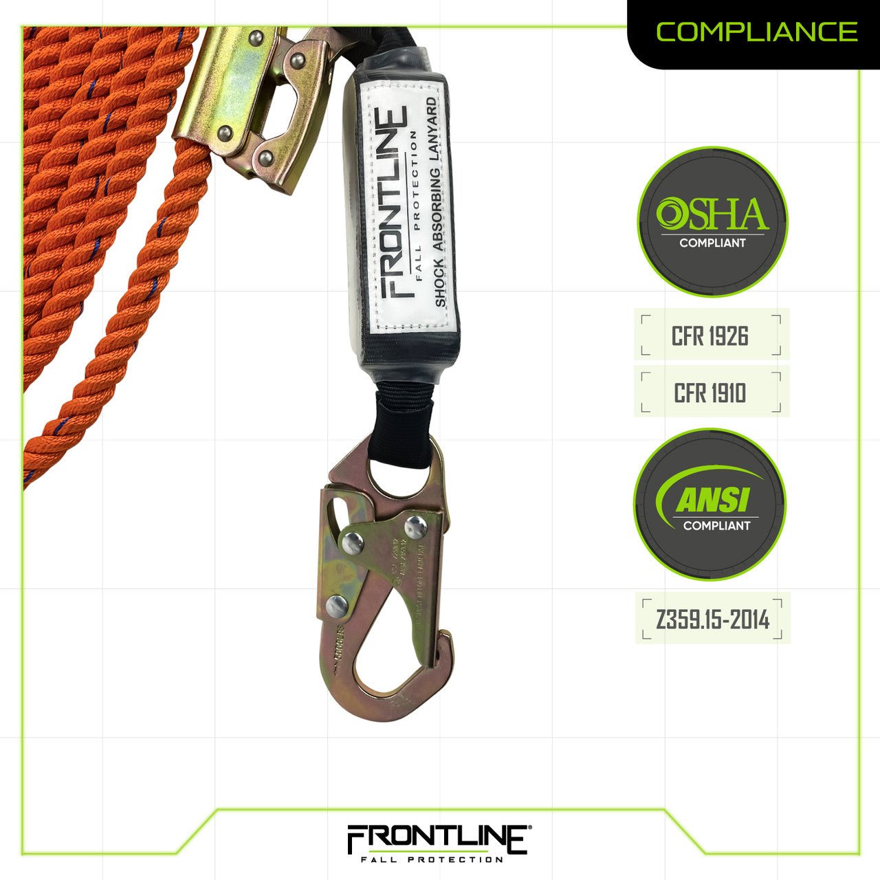 Frontline VLPR3L Premium Vertical Lifeline with Openable Rope Grab and Shock Pack 100' - Lined Out Frontline VLPR3L Premium Vertical Lifeline with Openable Rope Grab and Shock Pack 100'Work Safety Harnesses