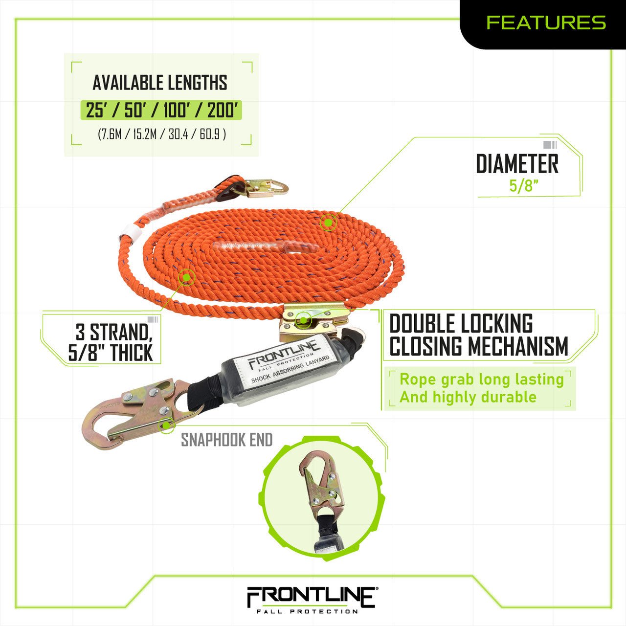 Frontline VLPR3L Premium Vertical Lifeline with Openable Rope Grab and Shock Pack 200' - Lined Out Frontline VLPR3L Premium Vertical Lifeline with Openable Rope Grab and Shock Pack 200'Work Safety Harnesses